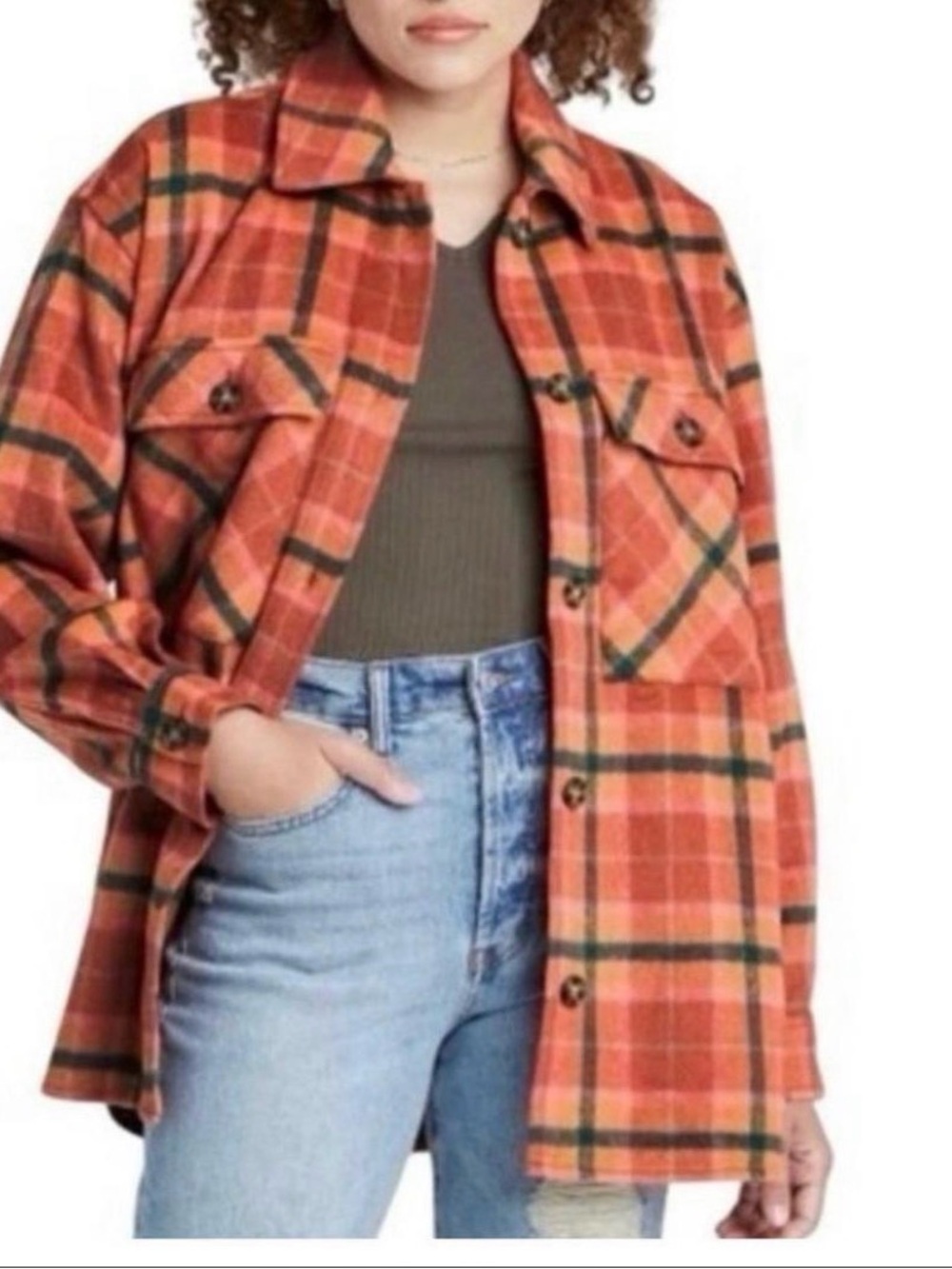 Wild Fable Orange Plaid Button-Up Flannel Shacket Jacket - Women medium